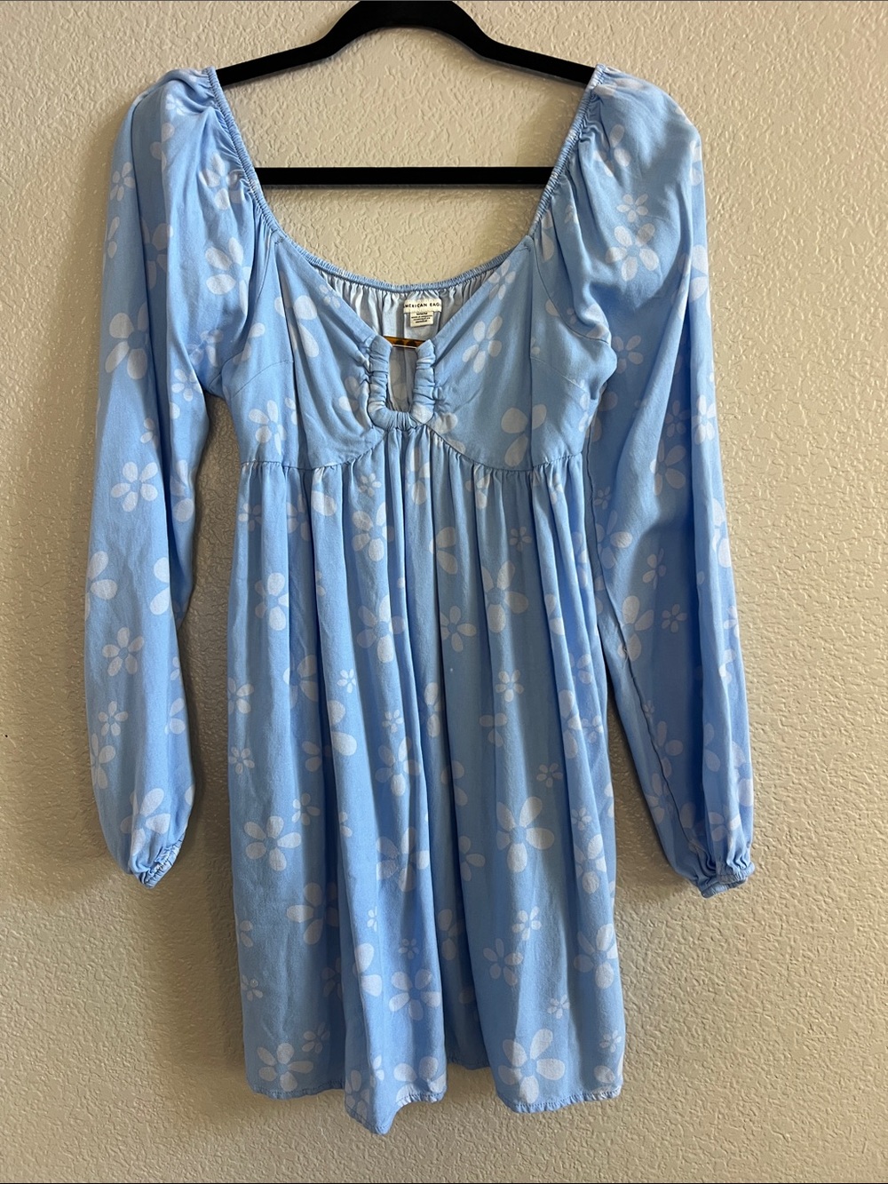 American Eagle Light Blue Floral Long Sleeve Babydoll Dress Size M